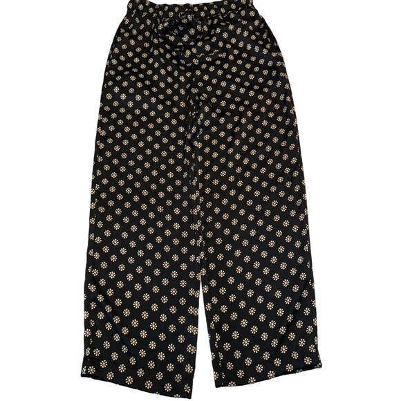 ZARA Black Floral Print Drawstring Straight Leg Pants Women's Medium M - Picture 1 of 6